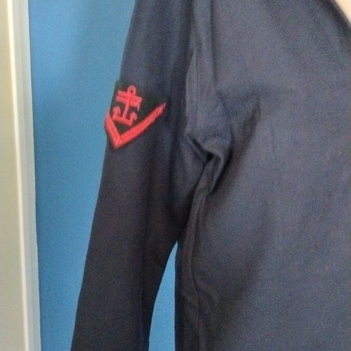French Navy jacket used, vintage blue wool with red embroidery, size M