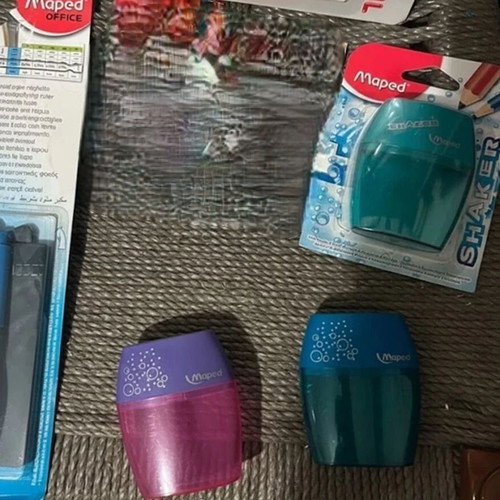 Maped school supplies set with magnifying ruler, stencils, sharpeners, erasers