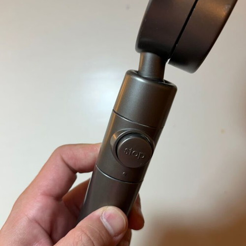Modern shower head with stop button and flow selector, gunmetal