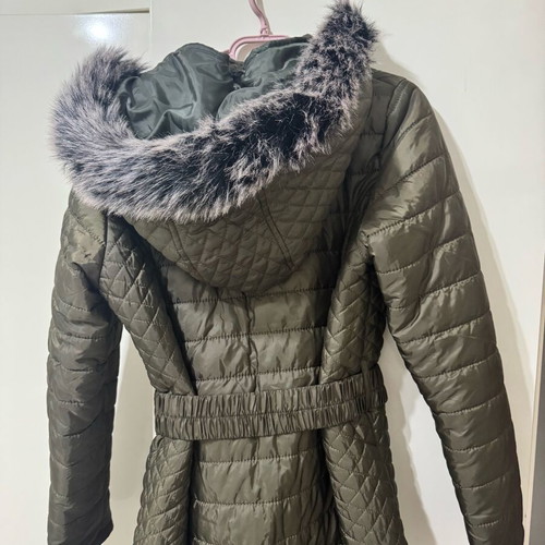 Long quilted jacket with hood like new, khaki, size L