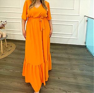 Plus size γυναικείο κοντομάνικο μακρύ φόρεμα πορτοκαλί με ζώνη