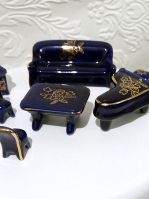 Vintage porcelain miniature furniture set in deep blue, like new
