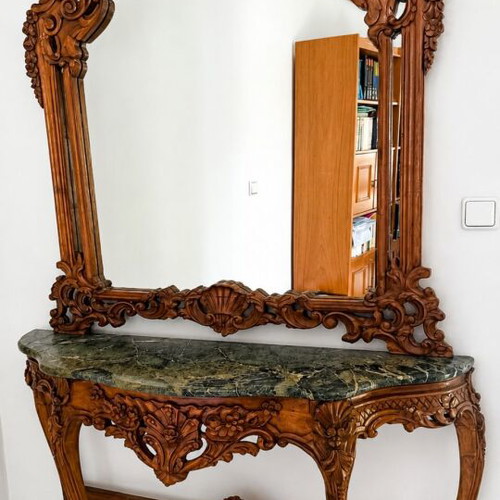 Antique Entry Console Table with Carved Wood and Mirror like new