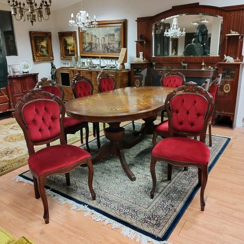 Marqueterie dining table set used with eight chairs