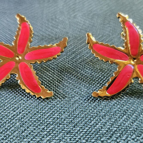 Starfish earrings new, stainless steel, red and gold