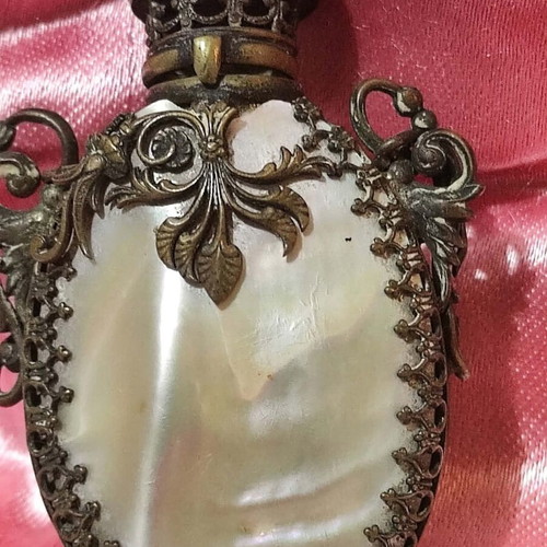 French antique perfume bottle used, mother of pearl with gilded bronze