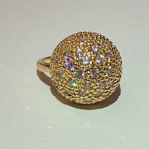 Vintage Pompon Ring with Zircon, Gold Plated, Like New