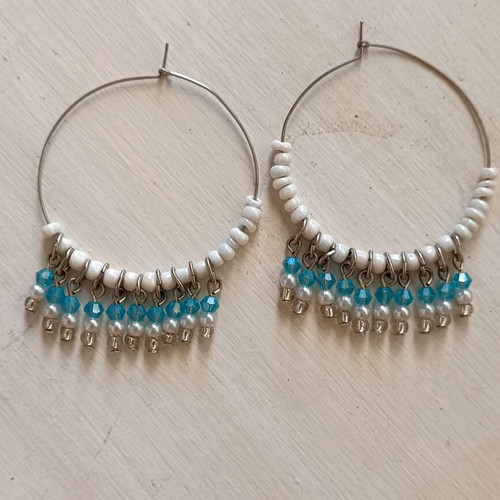 Boho hoop earrings like new, possibly silver, blue beads