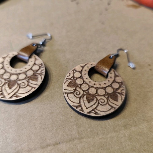 Wooden Mandala earrings with leather detail new