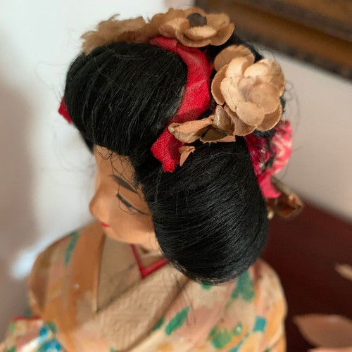Japanese Geisha Doll used, 1960s with handmade clothes on wooden base