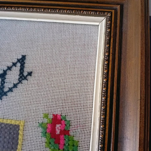 Hand-embroidered cross with wooden brown frame, like new