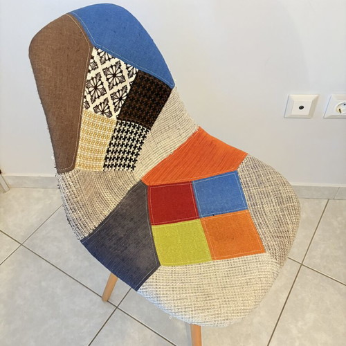 Patchwork fabric chair with wooden legs, used, vintage/scandi style