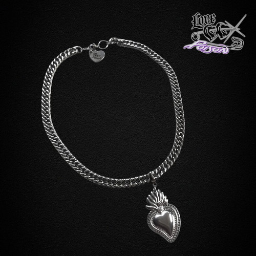 Love X Poison stainless steel choker necklace with flaming sacred heart pendant