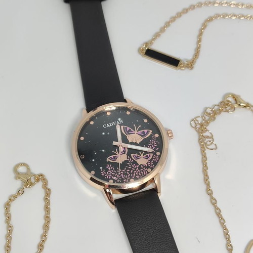 Women's watch set with butterflies and 5 matching bracelets new, black