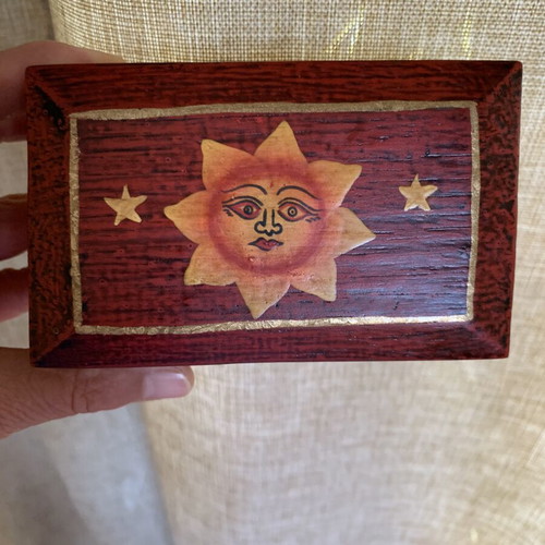 Handmade wooden jewelry box with sun and moon design, new