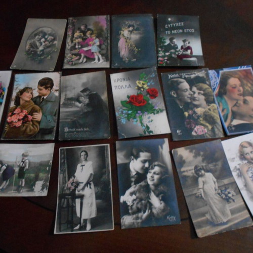 Prewar festive postcards used, pack of 15, some Greek-written
