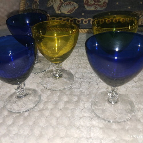 Vintage liqueur glasses, 5 rare colored pieces from France