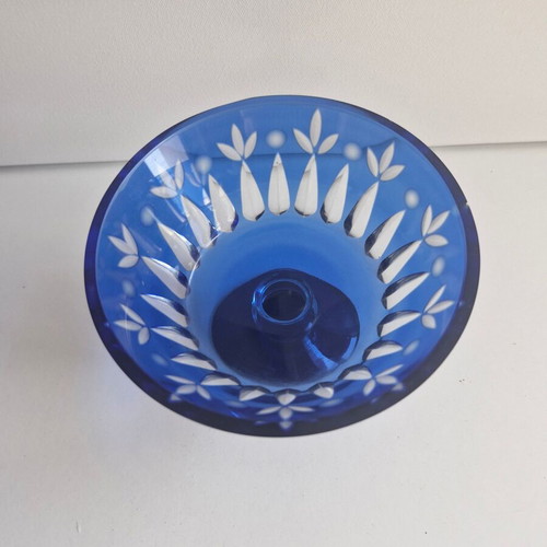 Blue Engraved Glass Fondue Bowl like new