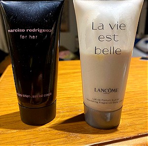 Κρέμες σώματος La vie eat belle (Lancome) και Narciso Rodriquez for her.Συσκευασιες 50 ml.Απο την lancome εχουν μεινει περιπου 30 και απο τη Narciso 20-25.Η τιμη ισχυει και για τα δυο προϊοντα μαζι