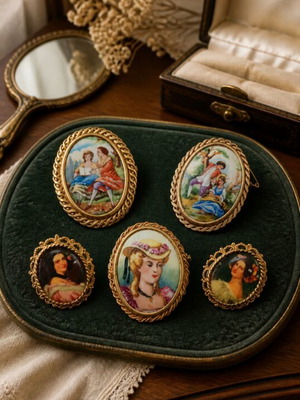 Limoges Porcelain Brooches used, vintage collectible set