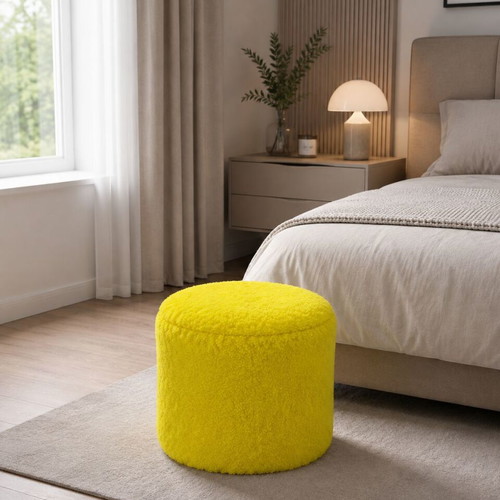 Yellow round pouf stool with soft fluffy texture 40x40x40 cm