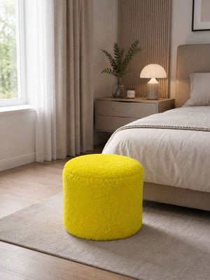 Yellow round pouf stool with soft fluffy texture 40x40x40 cm