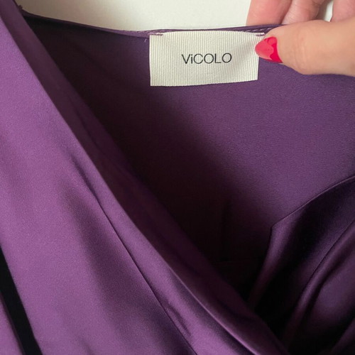 VICOLO purple satin long dress new with thin straps and draped detail