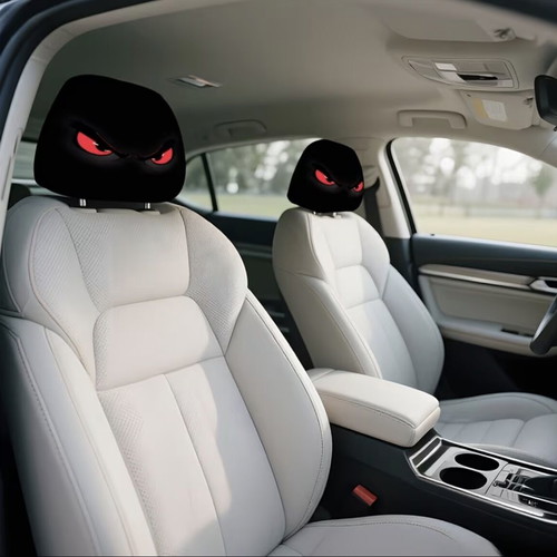 Car headrest covers with red devil eyes pattern, like new, set of 2