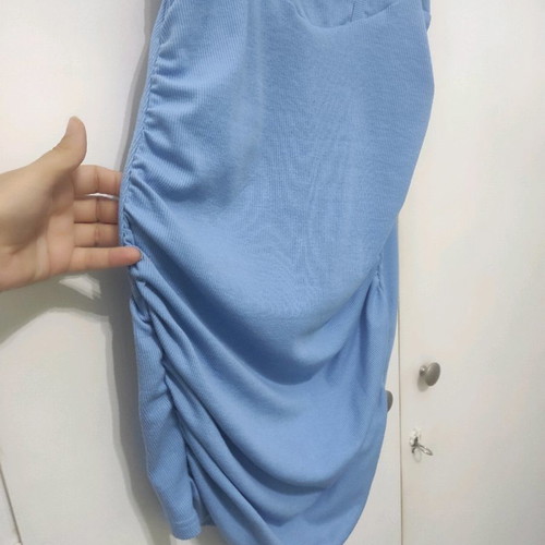 Women's sky blue ribbed dress with side gathers