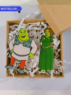 Shrek & Fiona wooden handmade earrings with stud fastening