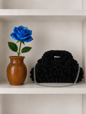Handmade puffy handbag like new, black with chain strap