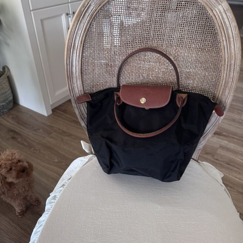 Longchamp Le Pliage handbag used, black with brown leather details
