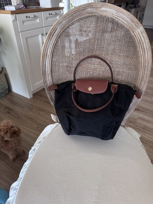 Longchamp Le Pliage handbag used, black with brown leather details