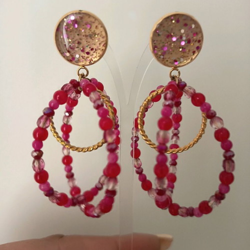 Handmade earrings with steel, resin & beads, new, pink and gold