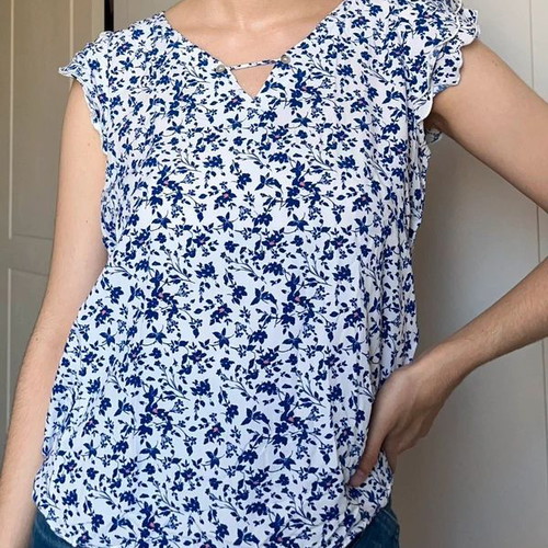 Floral blouse EDC by Esprit used, white and blue, size S