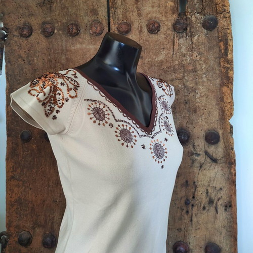 Vintage Y2K knit top with sequin and beaded ethnic embroidery, used