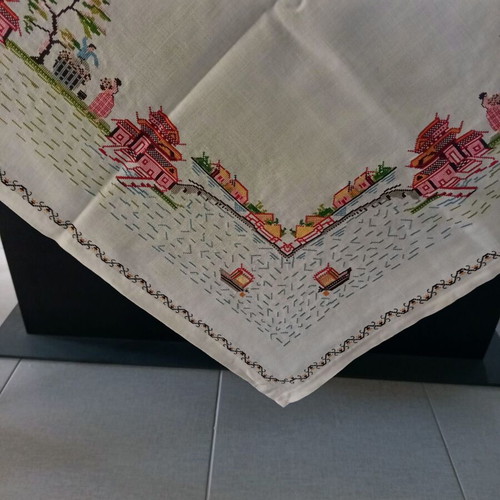 Handmade embroidered tablecloth white with multicolored flowers like new