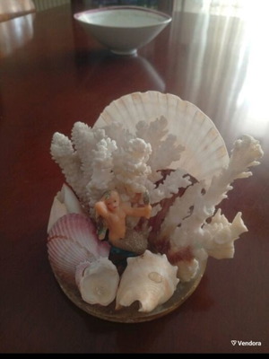 Vintage composition with natural corals and shells used, mid-century folk art