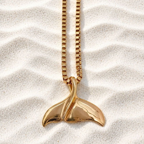 Stainless steel necklace with Venetian chain and dolphin tail pendant gold new