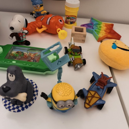 Various toys used, bubble bottle empty