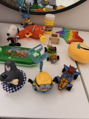 Various toys used, bubble bottle empty
