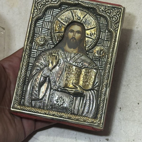 Jesus Christ Pantocrator embossed metal icon, used, 12×10 cm