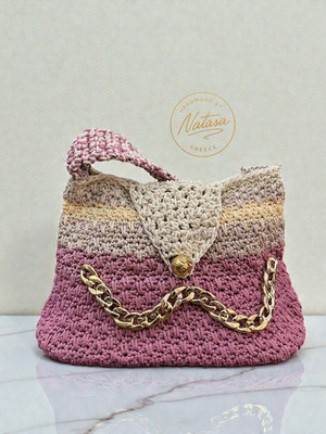 Handmade knitted shoulder bag in pink, beige and dusty colors