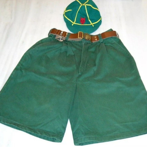 Vintage Greek Scouts set used, shorts, belt and wolf hat