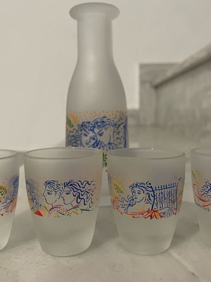 Drink bottle and glasses decorated by Greek painter new