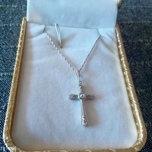 White gold cross 14K 585 with chain, vintage, like new