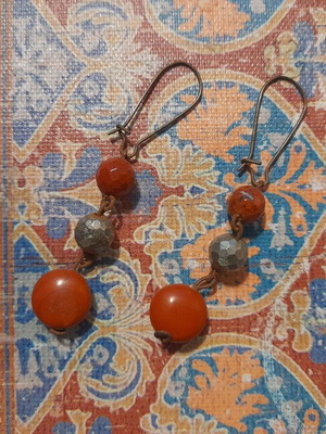 Handmade earrings with iron pyrite and red jasper stones