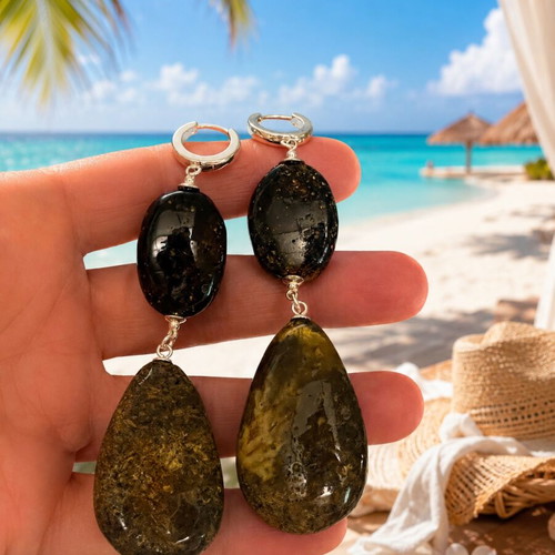 Long Black Amber Earrings with Fossil Inclusions, 925 Sterling Silver