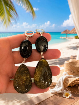 Long Black Amber Earrings with Fossil Inclusions, 925 Sterling Silver