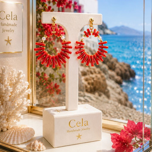 Handmade Hoop Earrings with Natural CORALS. Steel clasp hoop